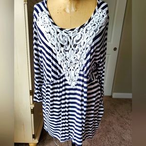 Navy and white striped top crochet detail 3x